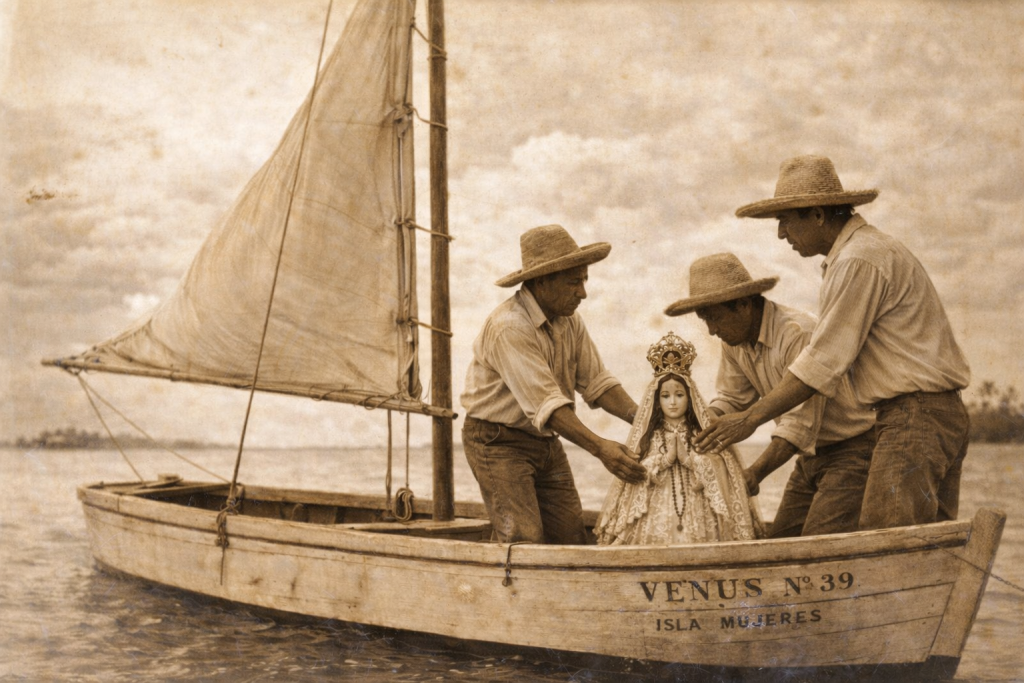 AI generaría image of what it might have looked like when the fishermen arrived to Isla Mujeres with the Virgin from Boca Iglesia
